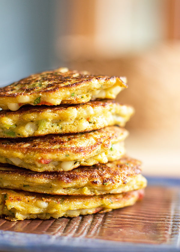 Corn cakes with roasted green and red chile and corn. #corn #greenchile #Hatchchile