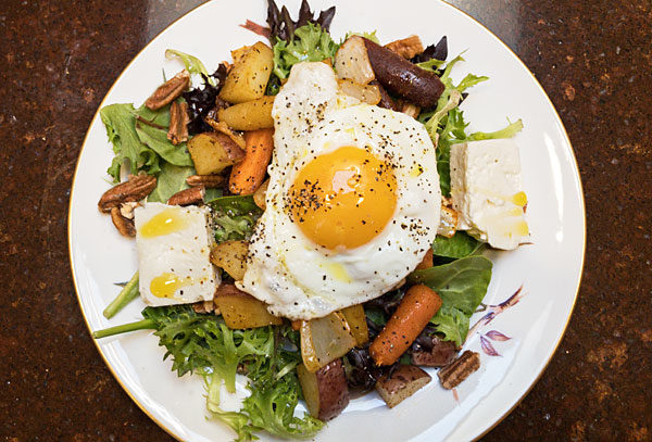 Roasted Vegetable Sald is a full dinner salad with feta, toasted pecans and an egg. #salad #dinner @mjskitchen