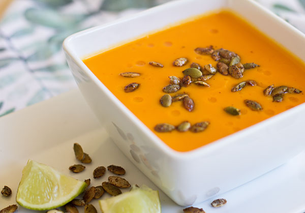 A creamy and spicy sweet potato soup made with Thai red curry paste #soup #sweetpotato @mjsktichen