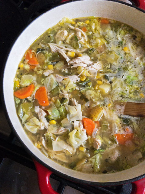 A spicy chicken vegetable soup loaded with a variety of vegetables, roasted green chile and hot mustard powder. #greenchile #soup #chicken #vegetable @mjskitchen