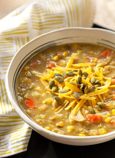 A hearty Hatch Chile Leek and Potato soup loaded up with carrots, corn and mushrooms. #soup #greenchile #leeks #vegetarian #glutenfree @mjskitchen