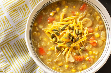 A hearty Green Chile Leek and Potato soup loaded up with carrots, corn and mushrooms. #soup #greenchile #leeks #vegetarian #glutenfree @mjskitchen