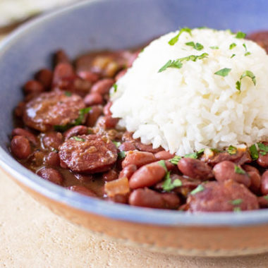 A traditional Louisiana style red beans & rice - spicy, hearty, meaty and flavorful. #redbeans #rice #southern #Mardigras #andouille @mjskitchen