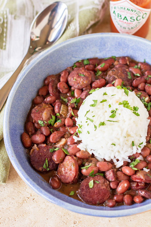 Authentic Red Beans and Rice {Andouille Sausage + Bacon)