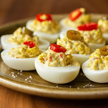 Spicy deviled eggs with Hatch green chile and jalapeno. #greenchile #Hatchchile #eggs #deviled @mjskitchen
