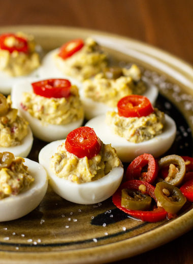 Spicy deviled eggs with Hatch green chile and jalapeno. #greenchile #Hatchchile #eggs #deviled @mjskitchen